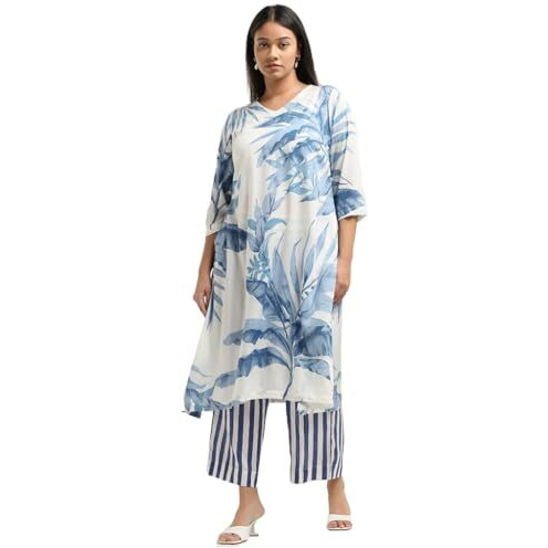 ANNI DESIGNER Women's Cotton Blend Straight Printed Kurta with Palazzo (Rilaka Blue_XL_Blue_X-Large)