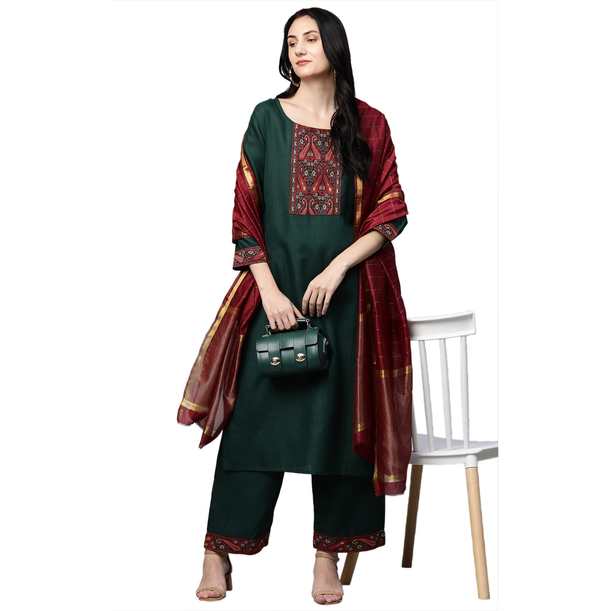 ANNI DESIGNER Women's Cotton Straight Kurta with Palazzo & Dupatta (Morning Green_L_Green_Large)