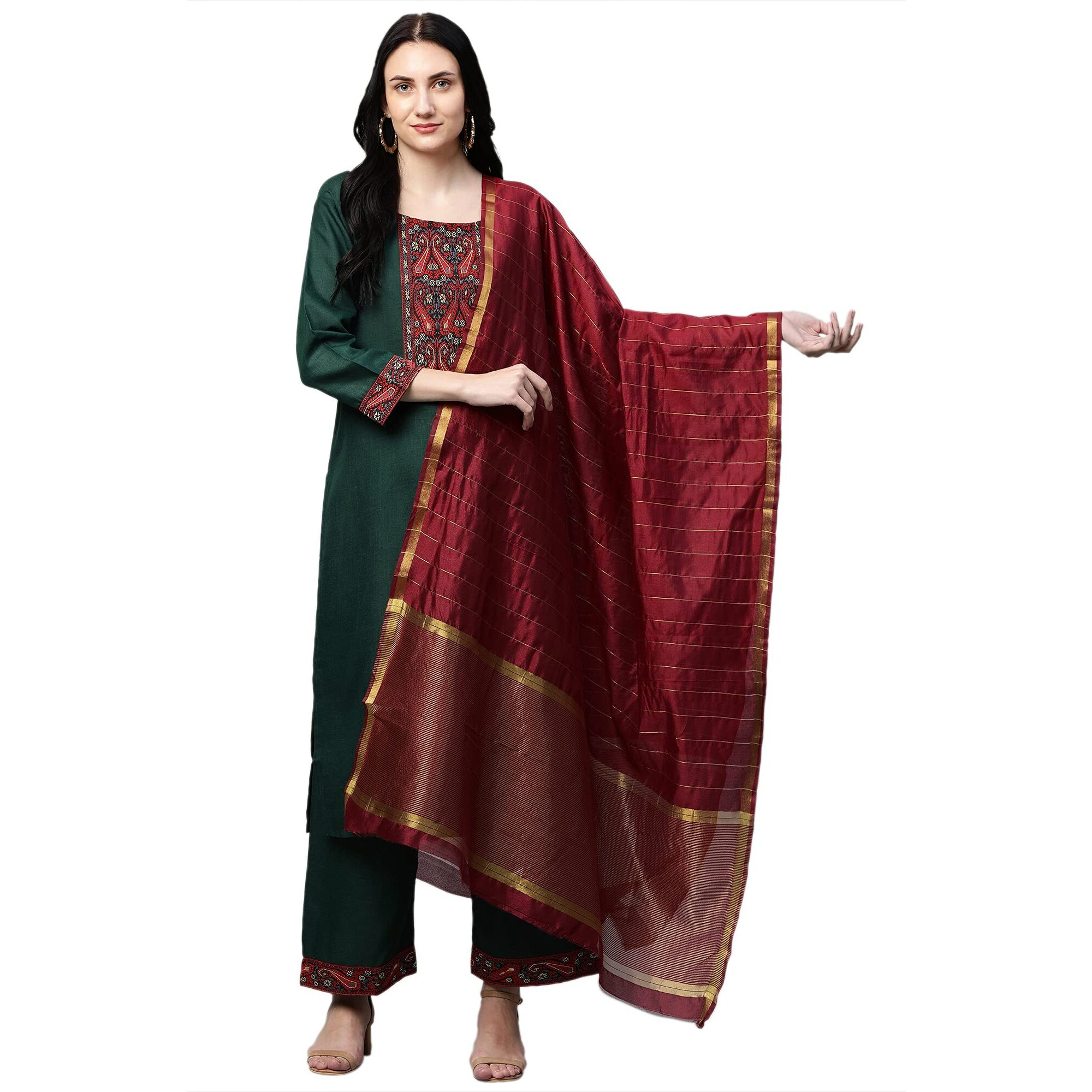 ANNI DESIGNER Women's Cotton Straight Kurta with Palazzo & Dupatta (Morning Green_L_Green_Large)