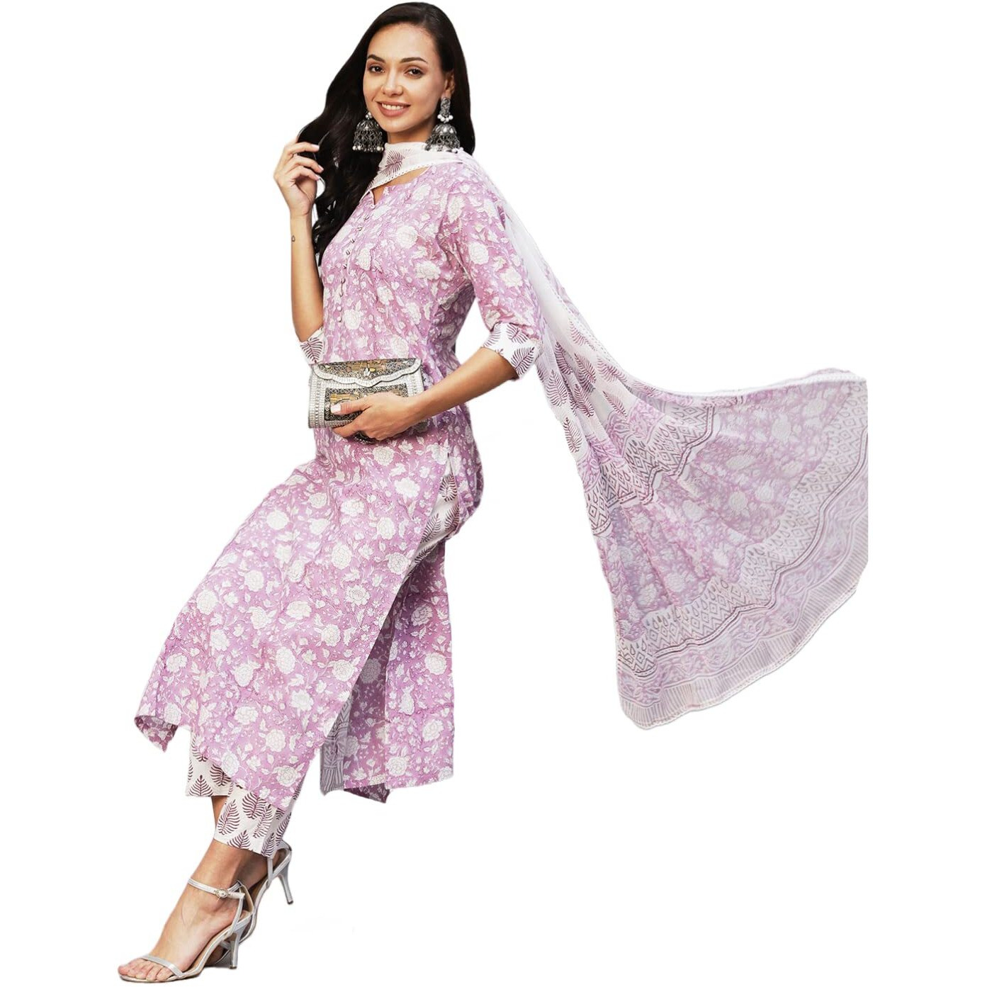 ANNI DESIGNER Women's Cotton Blend Straight Printed Kurta with Pant & Dupatta (Ratnapriya Purple-SNW_XL_Purple_X-Large)