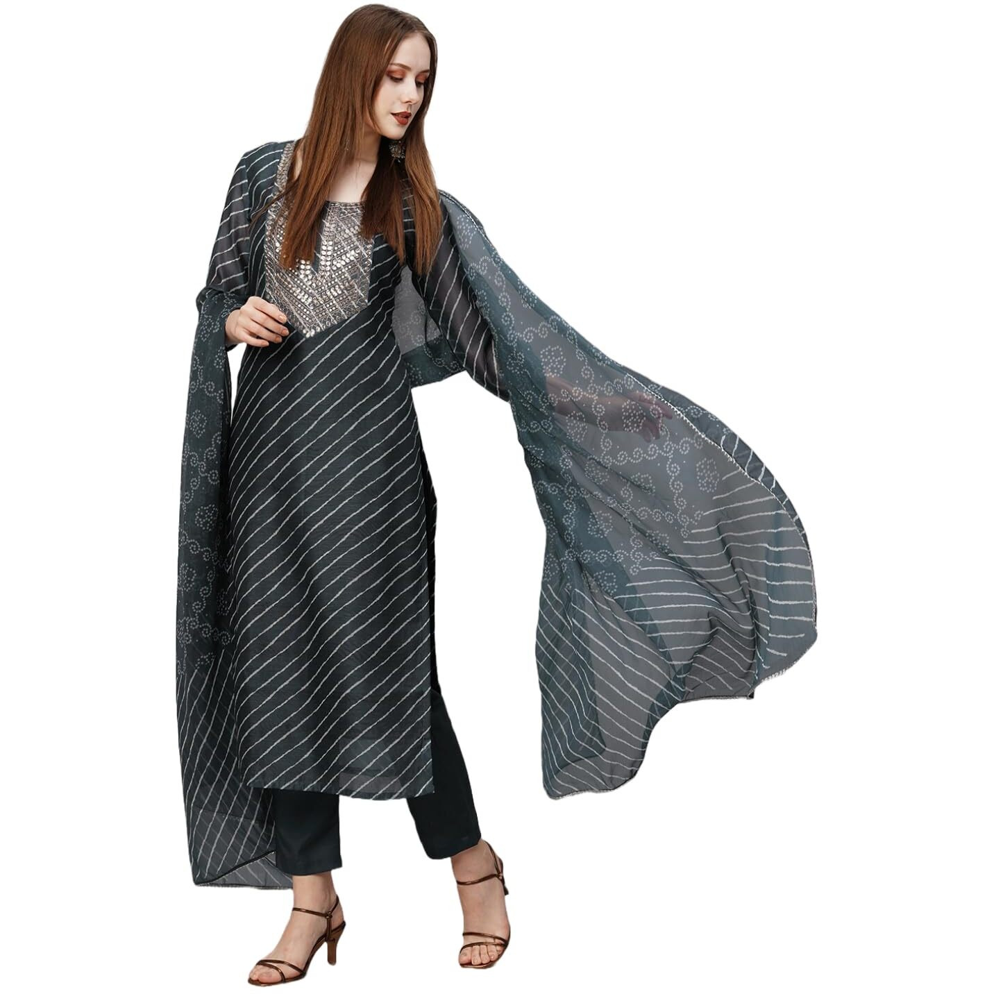 ANNI DESIGNER Women's Cotton Blend Straight Printed Kurta with Pant & Dupatta (Doremi Black_S_Black_Small)