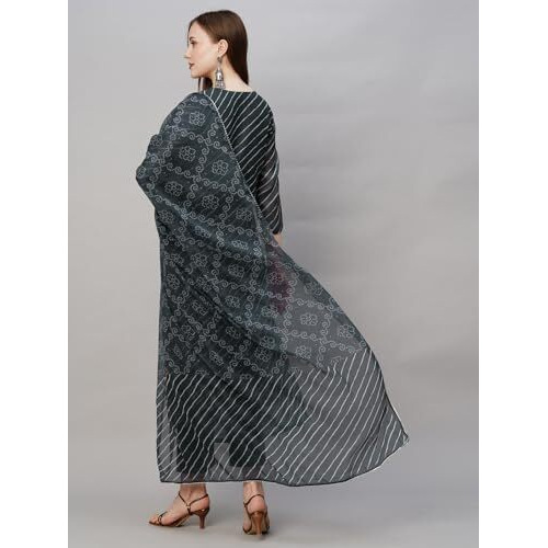 ANNI DESIGNER Women's Cotton Blend Straight Printed Kurta with Pant & Dupatta (Doremi Black_S_Black_Small)