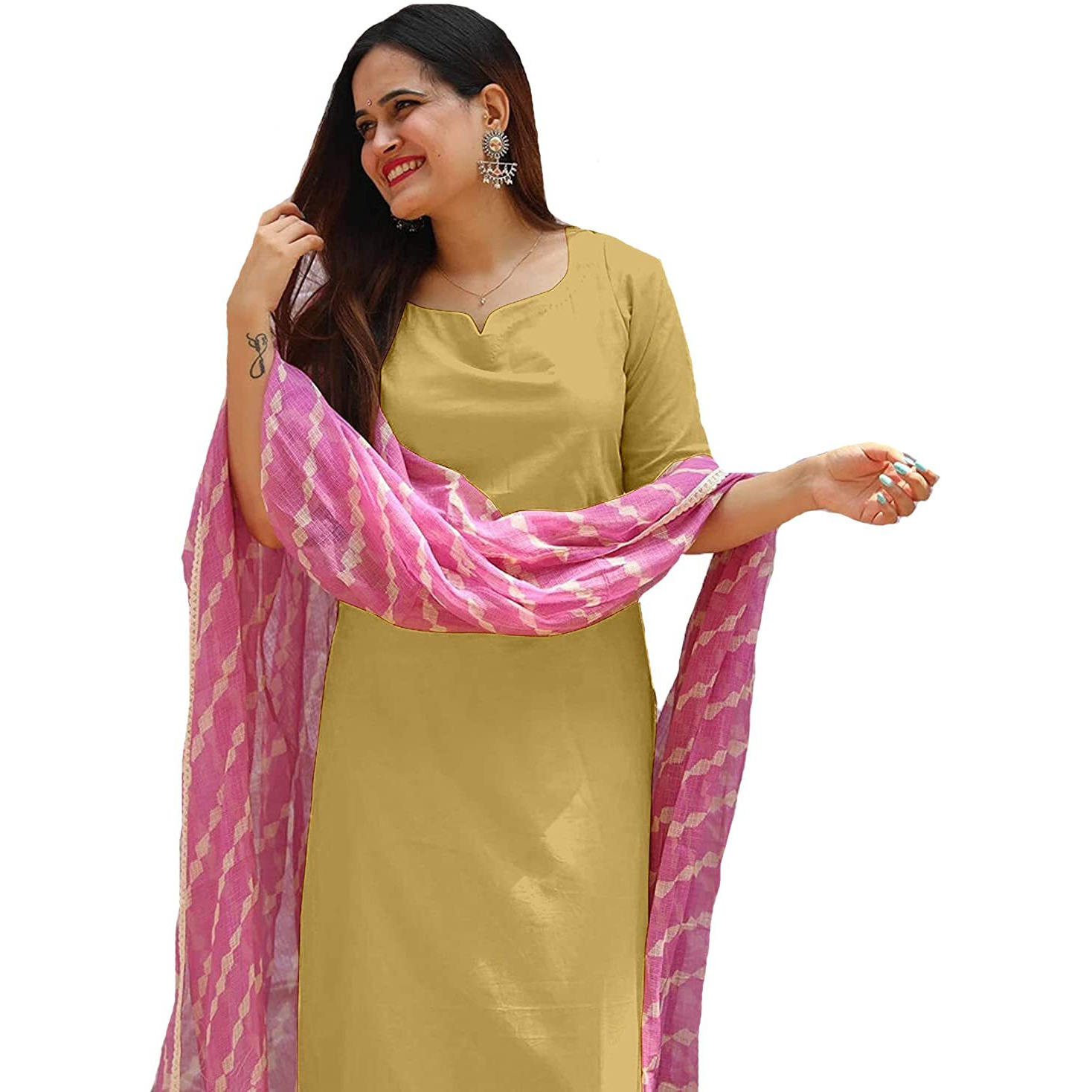 ANNI DESIGNER Women's Cotton Leheria Printed Kurta and Palazzos & Dupatta Set (CHIKU,M) Beige