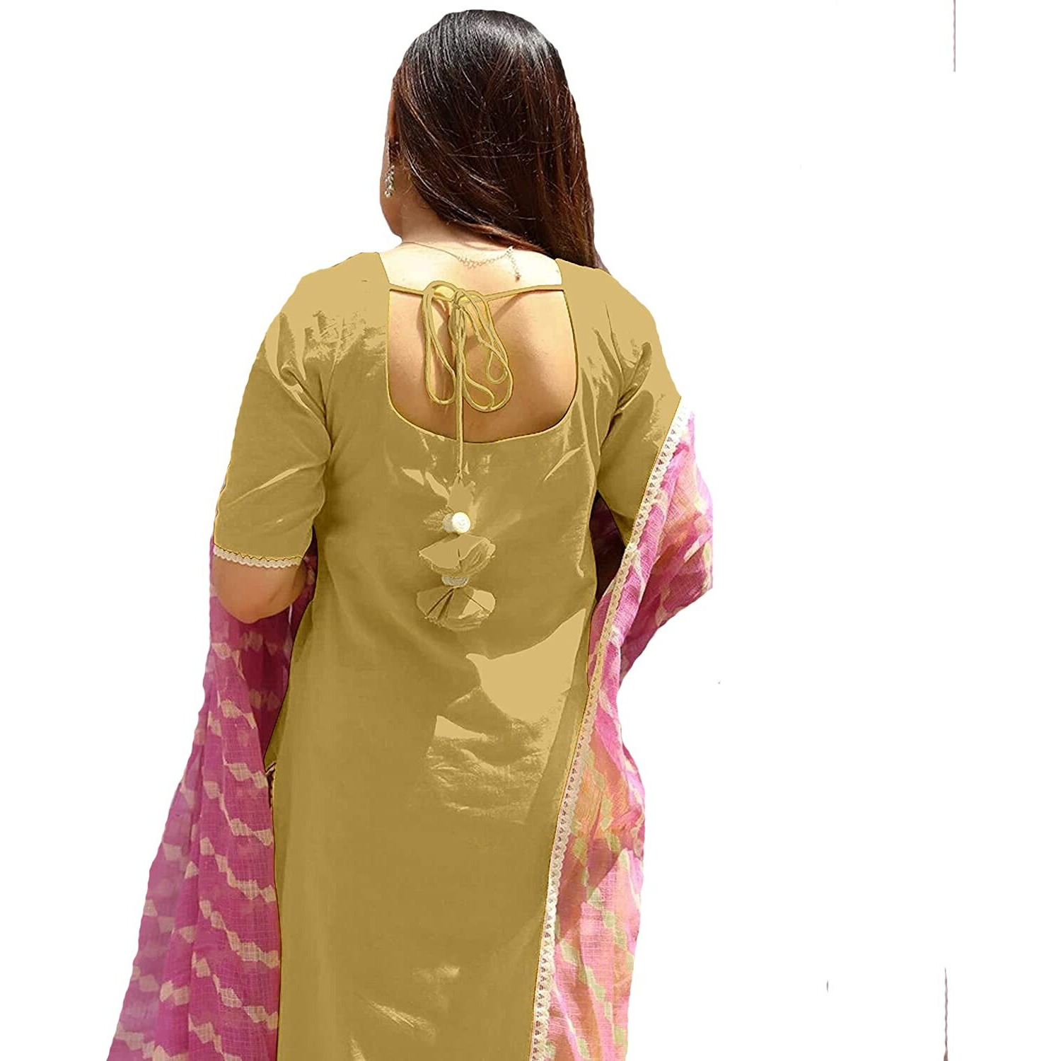 ANNI DESIGNER Women's Cotton Leheria Printed Kurta and Palazzos & Dupatta Set (CHIKU,M) Beige