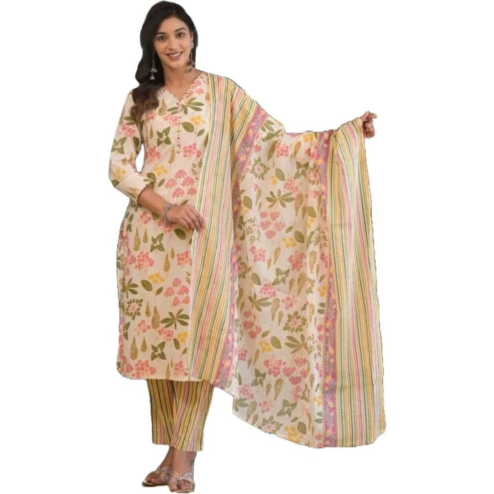 ANNI DESIGNER Women's Cotton Blend Printed Straight Kurta with Pant & Dupatta (Kumud Cream-NW_S_Cream_Small)