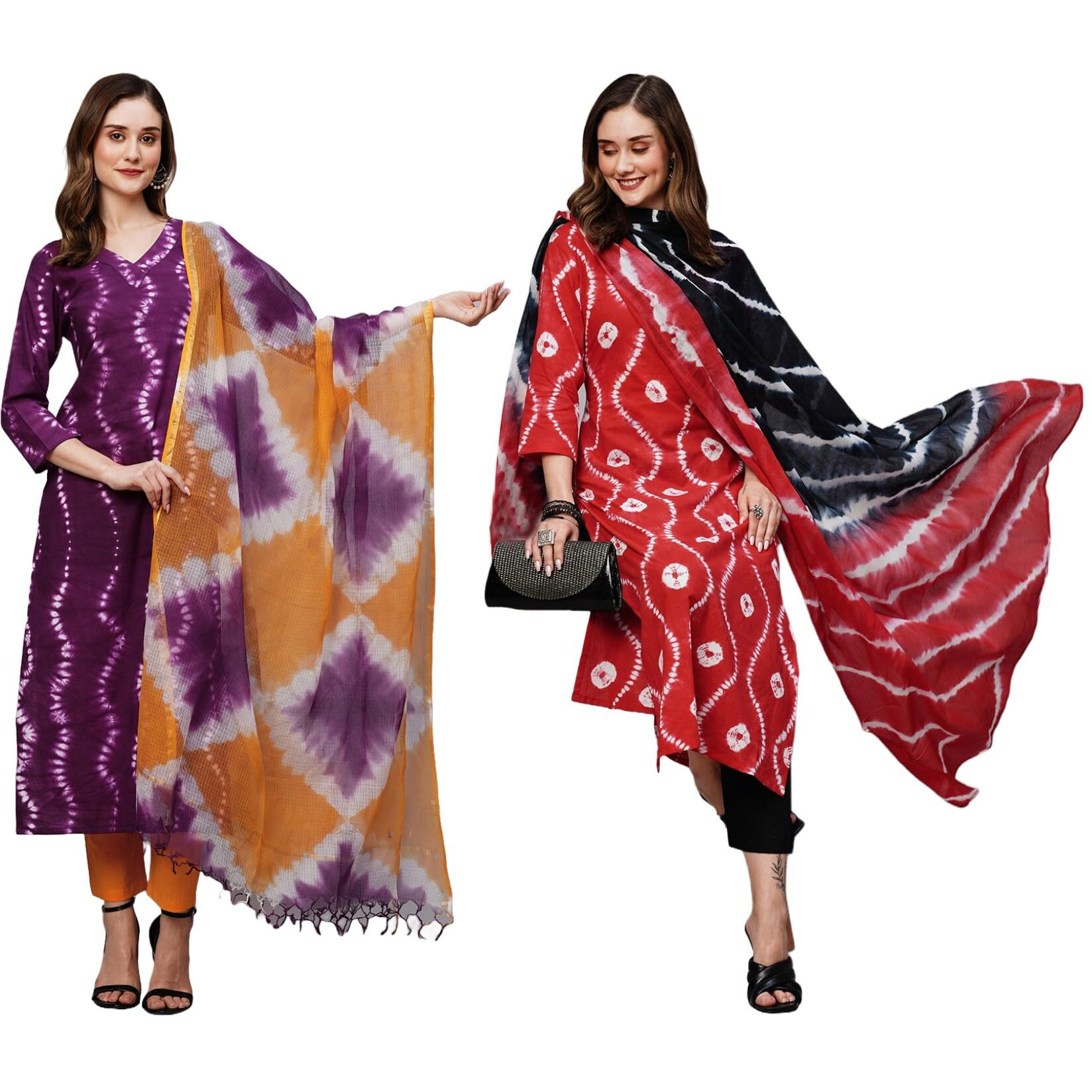 ANNI DESIGNER Women's Cotton Blend Printed Straight Kurta with Pant & Dupatta Pack of 2 (Combo-Mukhi Pink-Mayavi Red_S_Multi_Small)