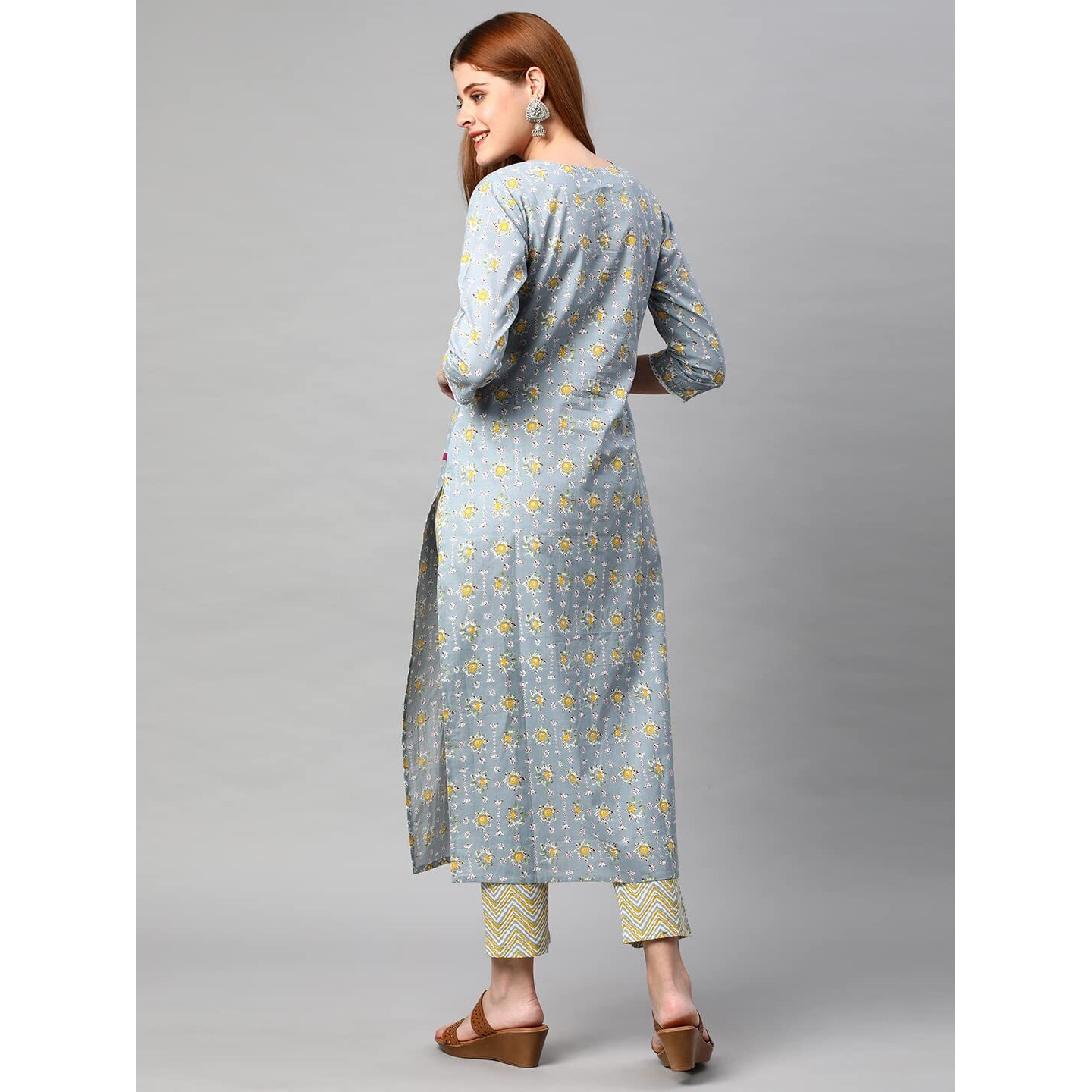 ANNI DESIGNER Women's Cotton Blend Traditional Straight Printed Kurta and Pant Set (Mikaa Grey_M_Grey_Medium)