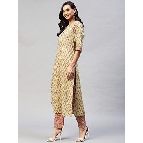 ANNI DESIGNER Women's Cotton Blend Straight Floral Printed Kurta and Pant (Padwil Green-SM_S_ Green_Small)