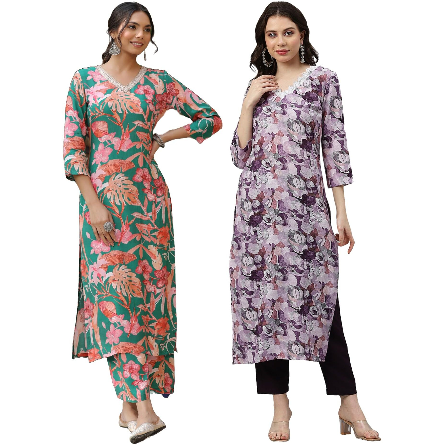 ANNI DESIGNER Women's Cotton Blend Printed Straight Kurta with Pant Pack of 2 (Chinki Green-SouthZ Purple_XXL_Multi_XX-Large)
