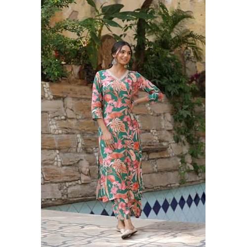 ANNI DESIGNER Women's Cotton Blend Printed Straight Kurta with Pant Pack of 2 (Chinki Green-SouthZ Purple_XXL_Multi_XX-Large)