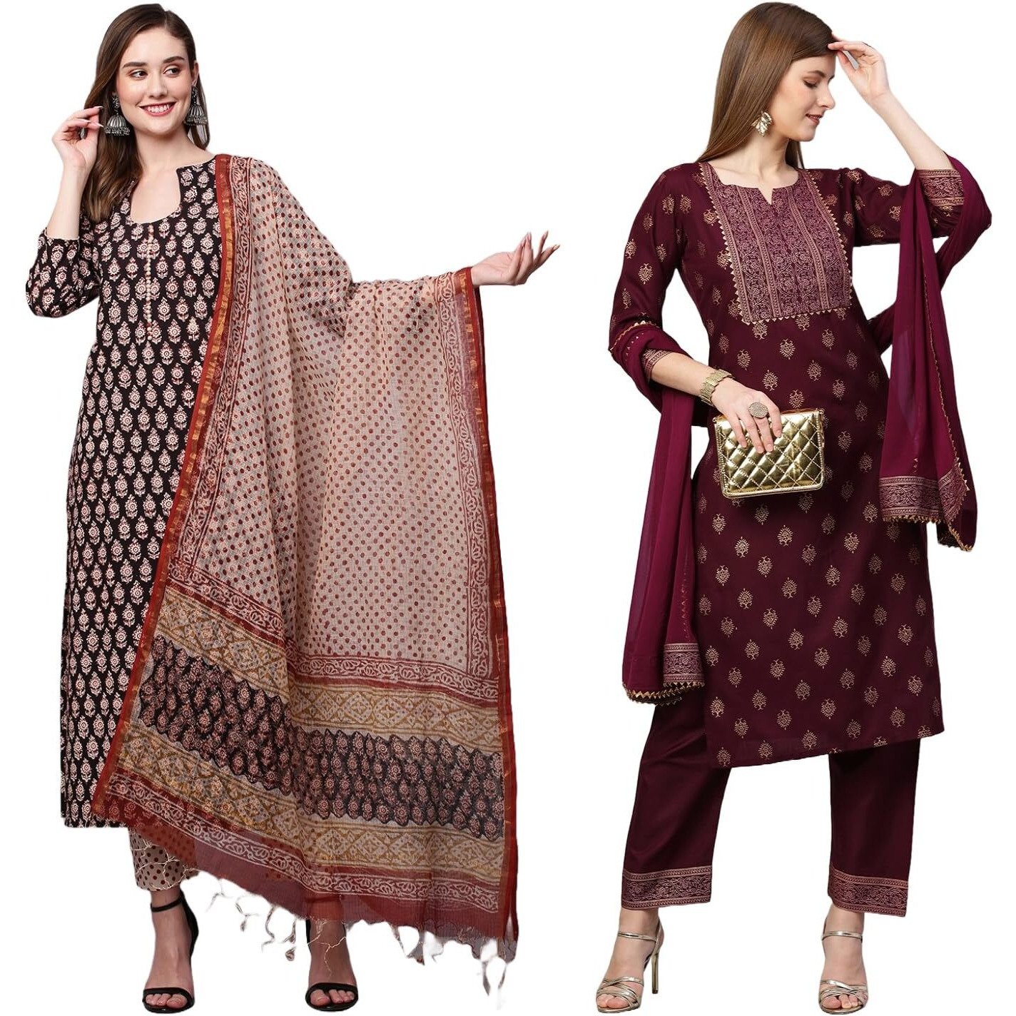 ANNI DESIGNER Women's Cotton Blend Printed Straight Kurta with Pant & Dupatta Pack of 2 (Combo-Nayantara Black-Coco-Wine_Multicolor_XX-Large)