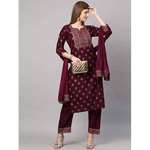 ANNI DESIGNER Women's Cotton Blend Printed Straight Kurta with Pant & Dupatta Pack of 2 (Combo-Nayantara Black-Coco-Wine_Multicolor_XX-Large)