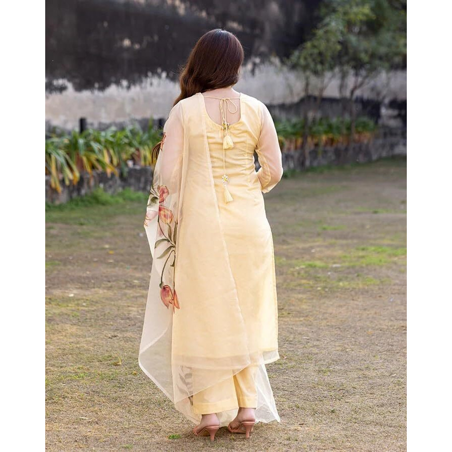 ANNI DESIGNER Women's Chanderi Cotton Straight Printed Kurta with Pant & Dupatta (FALAK-Cream-SM_3XL_Cream_XXX-Large)