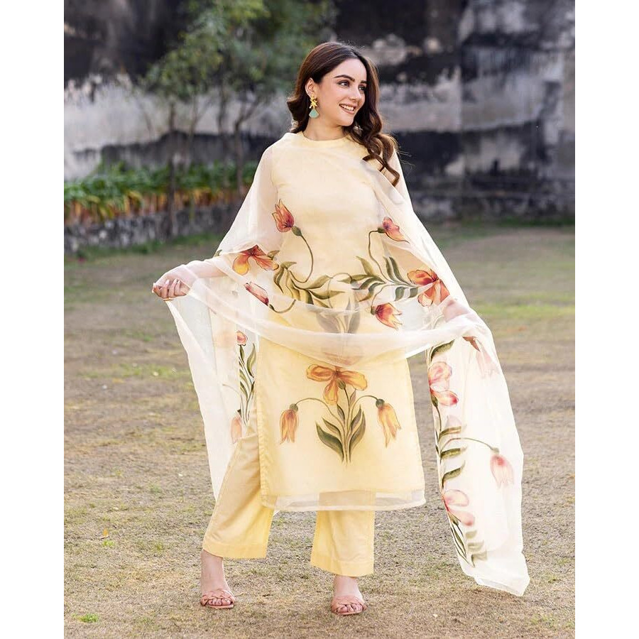 ANNI DESIGNER Women's Chanderi Cotton Straight Printed Kurta with Pant & Dupatta (FALAK-Cream-SM_3XL_Cream_XXX-Large)