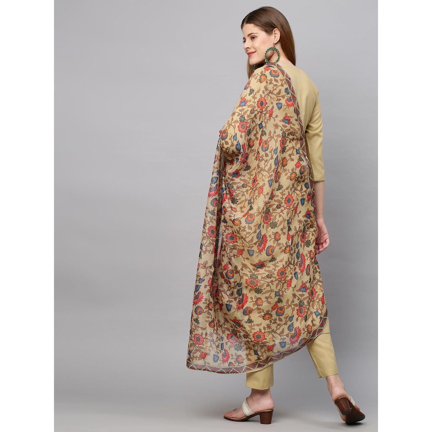 ANNI DESIGNER Women's Cotton Blend Straight Printed Kurta with Pant & Dupatta (Authentic Beige_XL_X-Large_Beige)