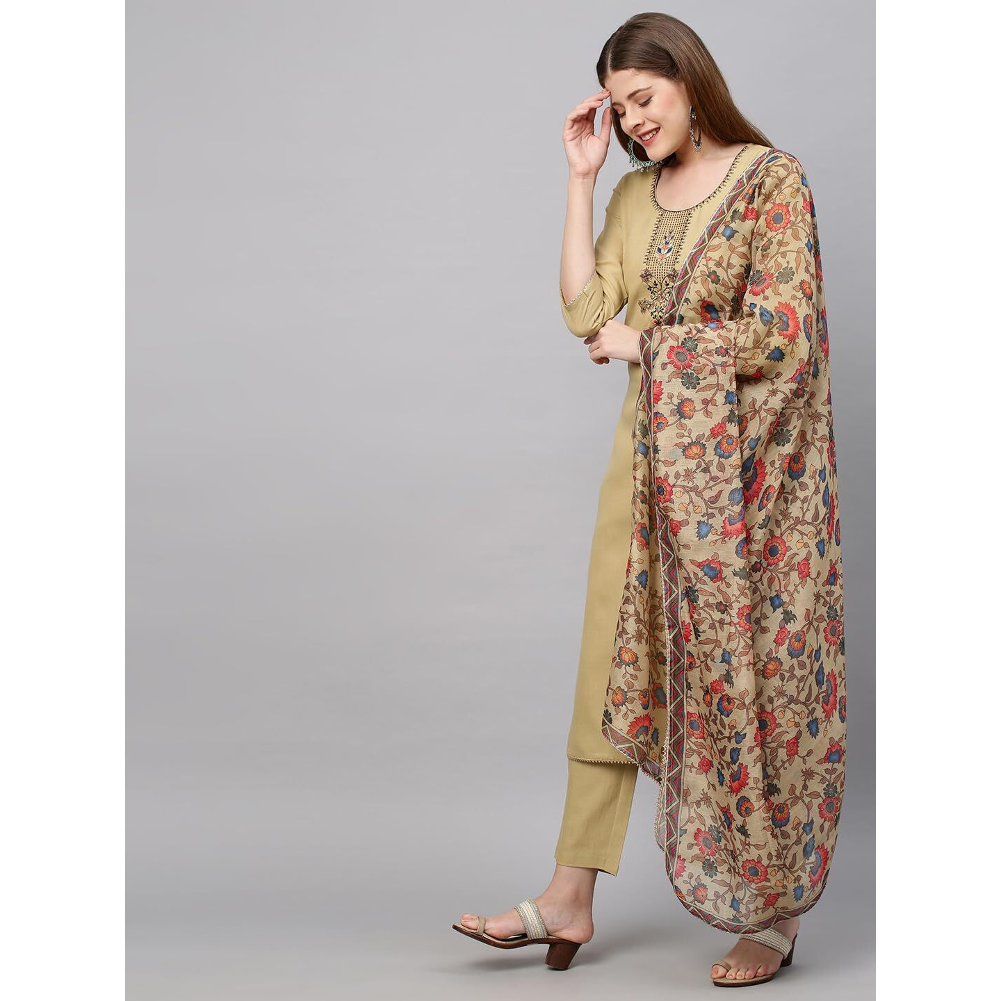 ANNI DESIGNER Women's Cotton Blend Straight Printed Kurta with Pant & Dupatta (Authentic Beige_XL_X-Large_Beige)