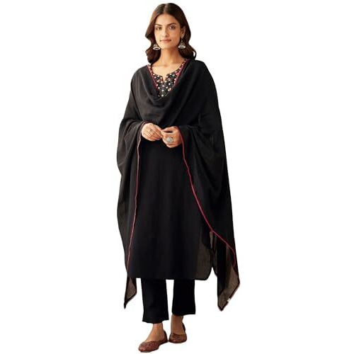 ANNI DESIGNER Women's Rayon Blend Embroidered Straight Kurta with Pant & Dupatta (SIKHA Black_XXL_Black_XX-Large)