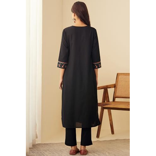 ANNI DESIGNER Women's Rayon Blend Embroidered Straight Kurta with Pant & Dupatta (SIKHA Black_XXL_Black_XX-Large)