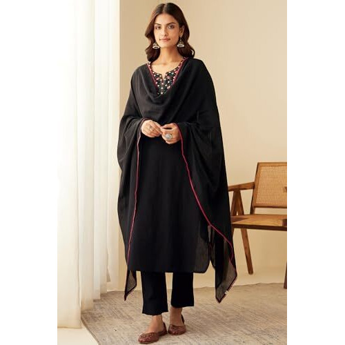ANNI DESIGNER Women's Rayon Blend Embroidered Straight Kurta with Pant & Dupatta (SIKHA Black_XXL_Black_XX-Large)