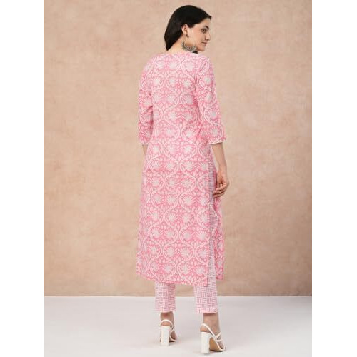 ANNI DESIGNER Women's Cotton Blend Straight Printed Kurta with Pant (OD18 Pink_S_Pink_Small)