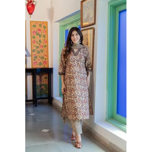 ANNI DESIGNER Women's Cotton Blend Straight Printed Kurta with Pant & Dupatta (DENIKA Cream_XXL_Cream_XX-Large)