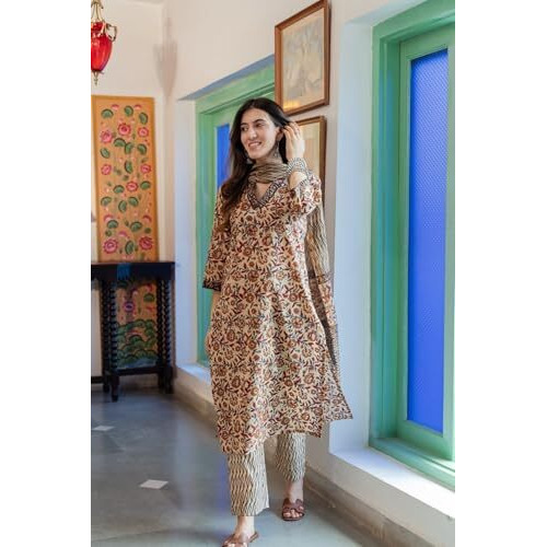 ANNI DESIGNER Women's Cotton Blend Straight Printed Kurta with Pant & Dupatta (DENIKA Cream_XXL_Cream_XX-Large)