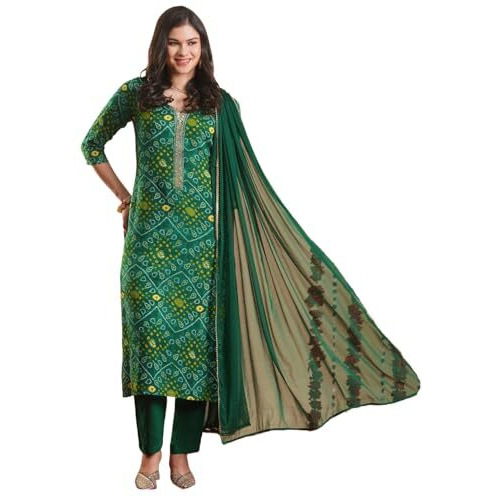 ANNI DESIGNER Women's Rayon Blend Straight Bandhej Printed Kurta with Pant & Dupatta (TURAE GREEN-VKS02_M_Green_Medium)
