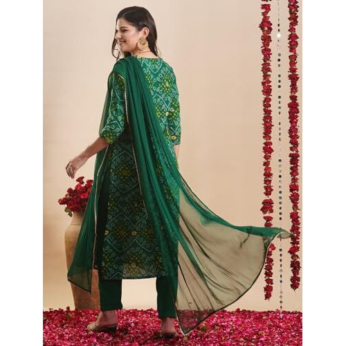 ANNI DESIGNER Women's Rayon Blend Straight Bandhej Printed Kurta with Pant & Dupatta (TURAE GREEN-VKS02_M_Green_Medium)