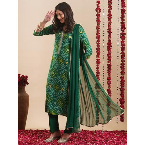 ANNI DESIGNER Women's Rayon Blend Straight Bandhej Printed Kurta with Pant & Dupatta (TURAE GREEN-VKS02_M_Green_Medium)