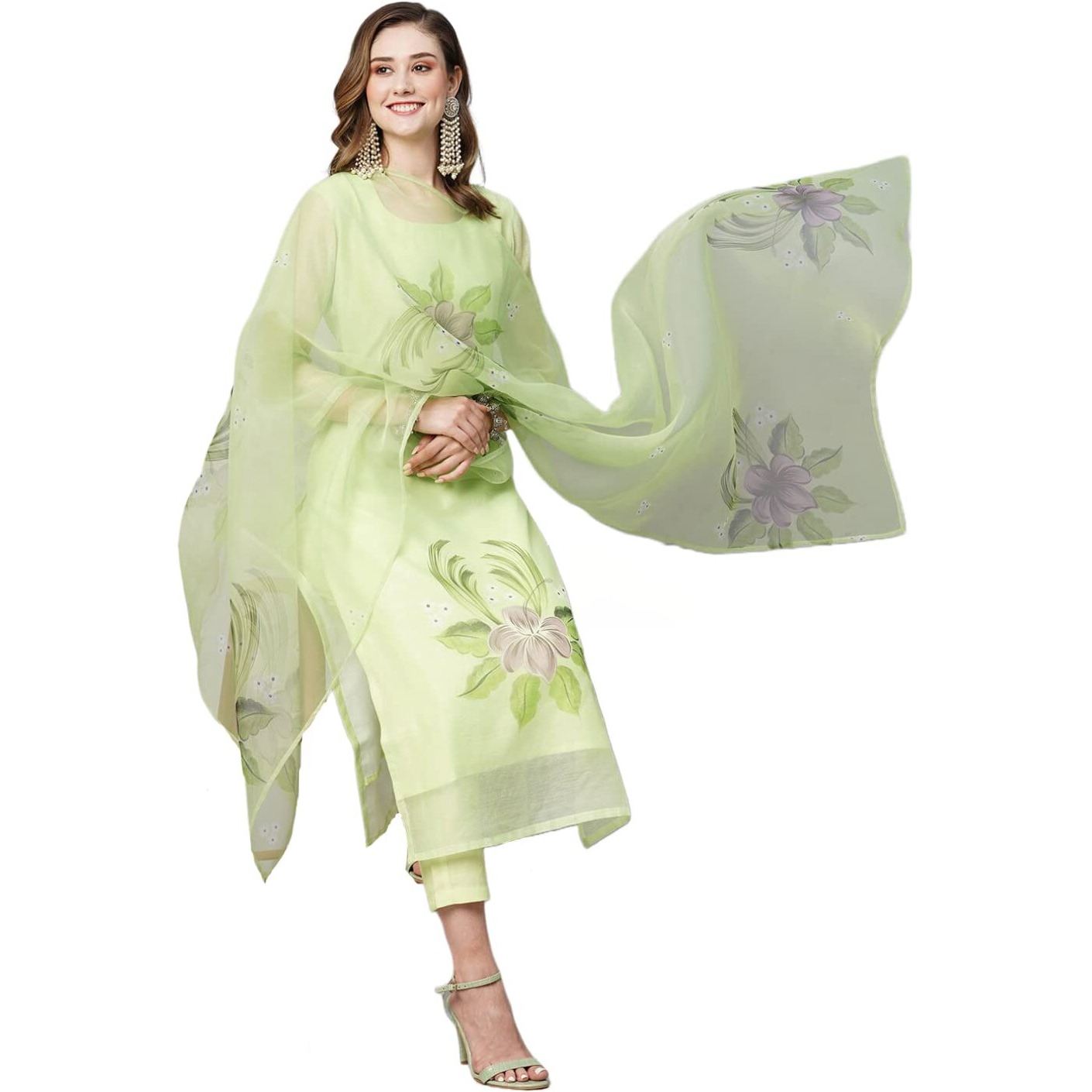 ANNI DESIGNER Women's Chanderi Cotton Straight Printed Kurta with Pant & Dupatta (Idika Green-NW_S_Green_Small)