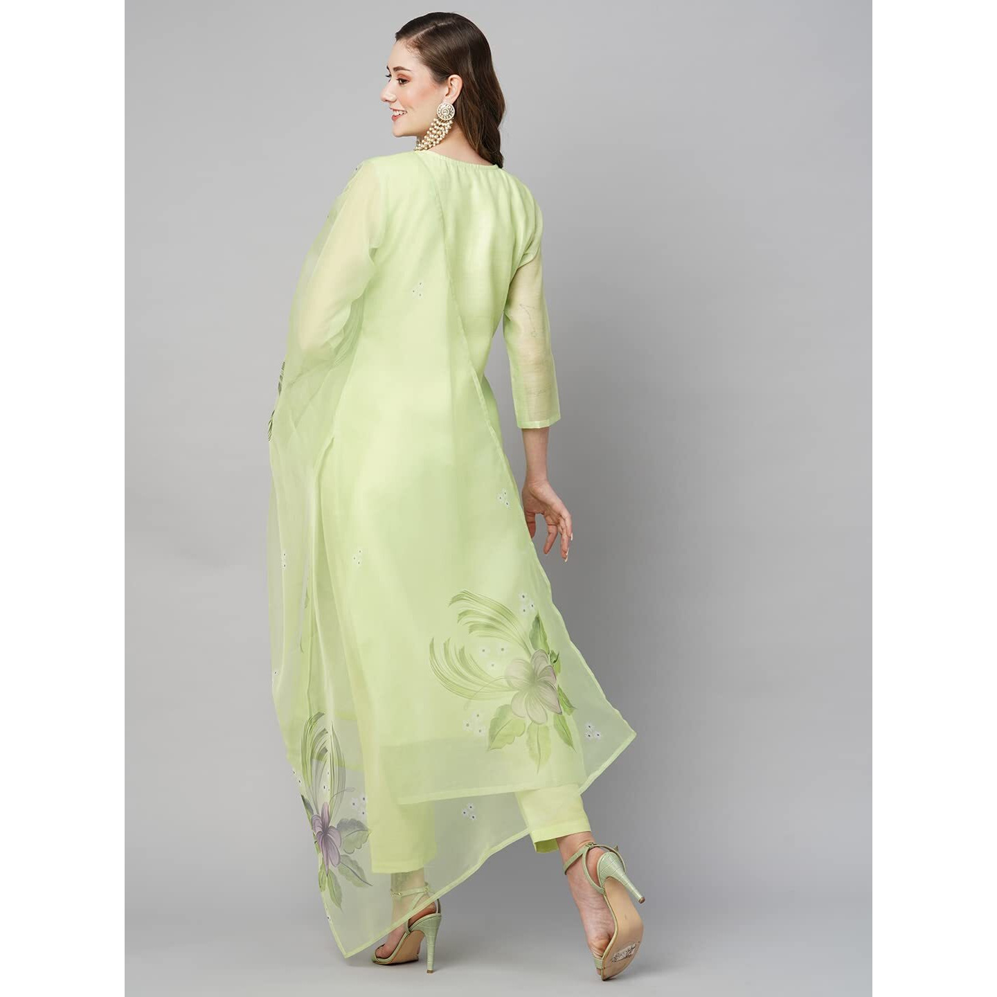 ANNI DESIGNER Women's Chanderi Cotton Straight Printed Kurta with Pant & Dupatta (Idika Green-NW_S_Green_Small)
