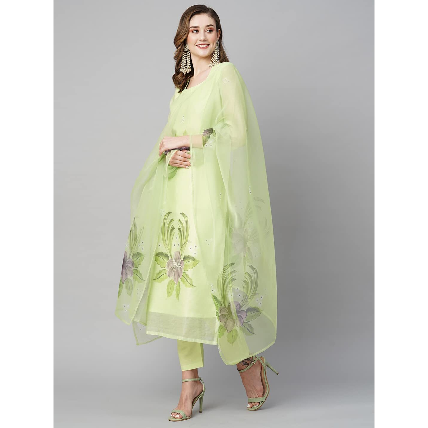 ANNI DESIGNER Women's Chanderi Cotton Straight Printed Kurta with Pant & Dupatta (Idika Green-NW_S_Green_Small)