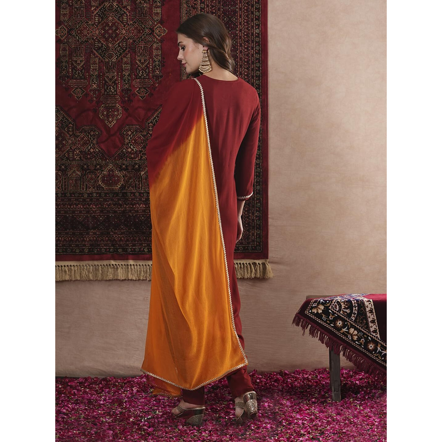ANNI DESIGNER Women's Cotton Blend Straight Embroidered Kurta with Pant & Dupatta (CHATTERJEE Maroon_L_Maroon_Large)
