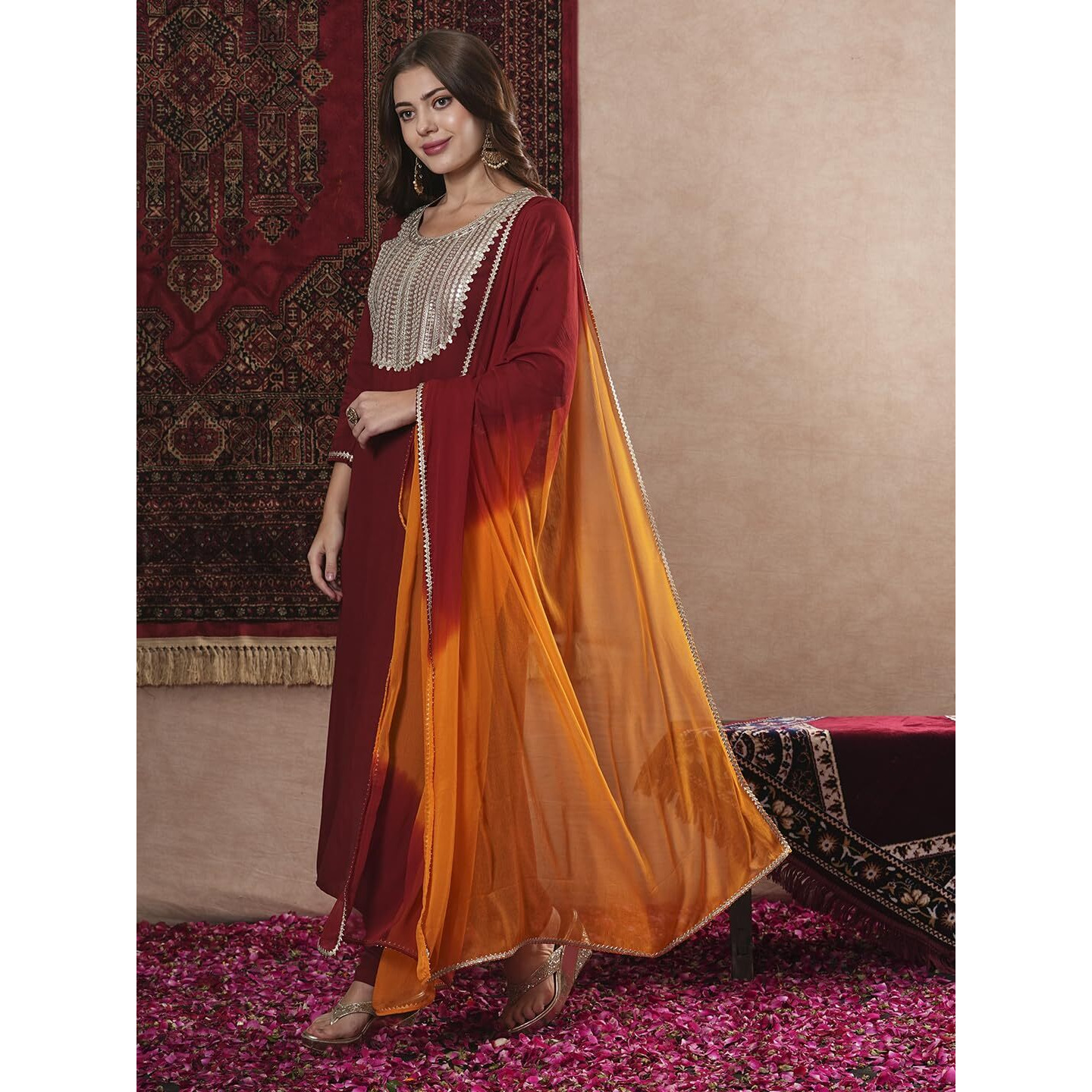 ANNI DESIGNER Women's Cotton Blend Straight Embroidered Kurta with Pant & Dupatta (CHATTERJEE Maroon_L_Maroon_Large)