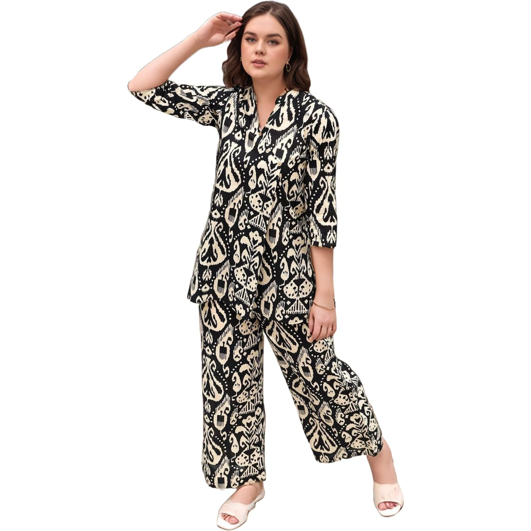 ANNI DESIGNER Women's Cotton Blend Mid thigh Printed Co-Ord Set (J111 Black Co-Ord-NW_M_Black_Medium)
