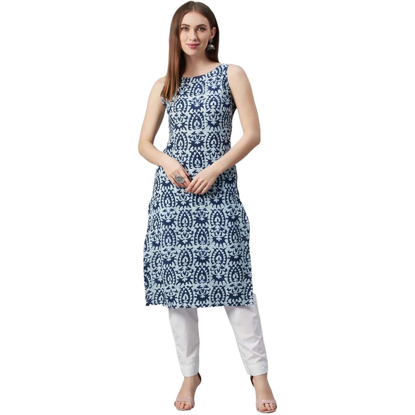 ANNI DESIGNER Women's Rayon Blend Straight Printed Kurta (CCD Blue_S_Blue_Small)