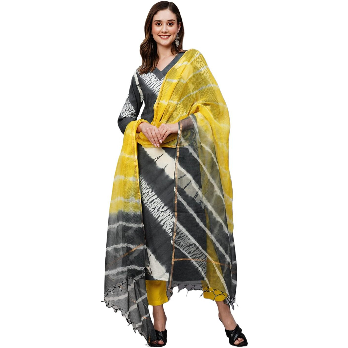 ANNI DESIGNER Women's Cotton Blend Straight Printed Kurta with Pant & Dupatta (Bali Grey-NW_S_Grey_Small)