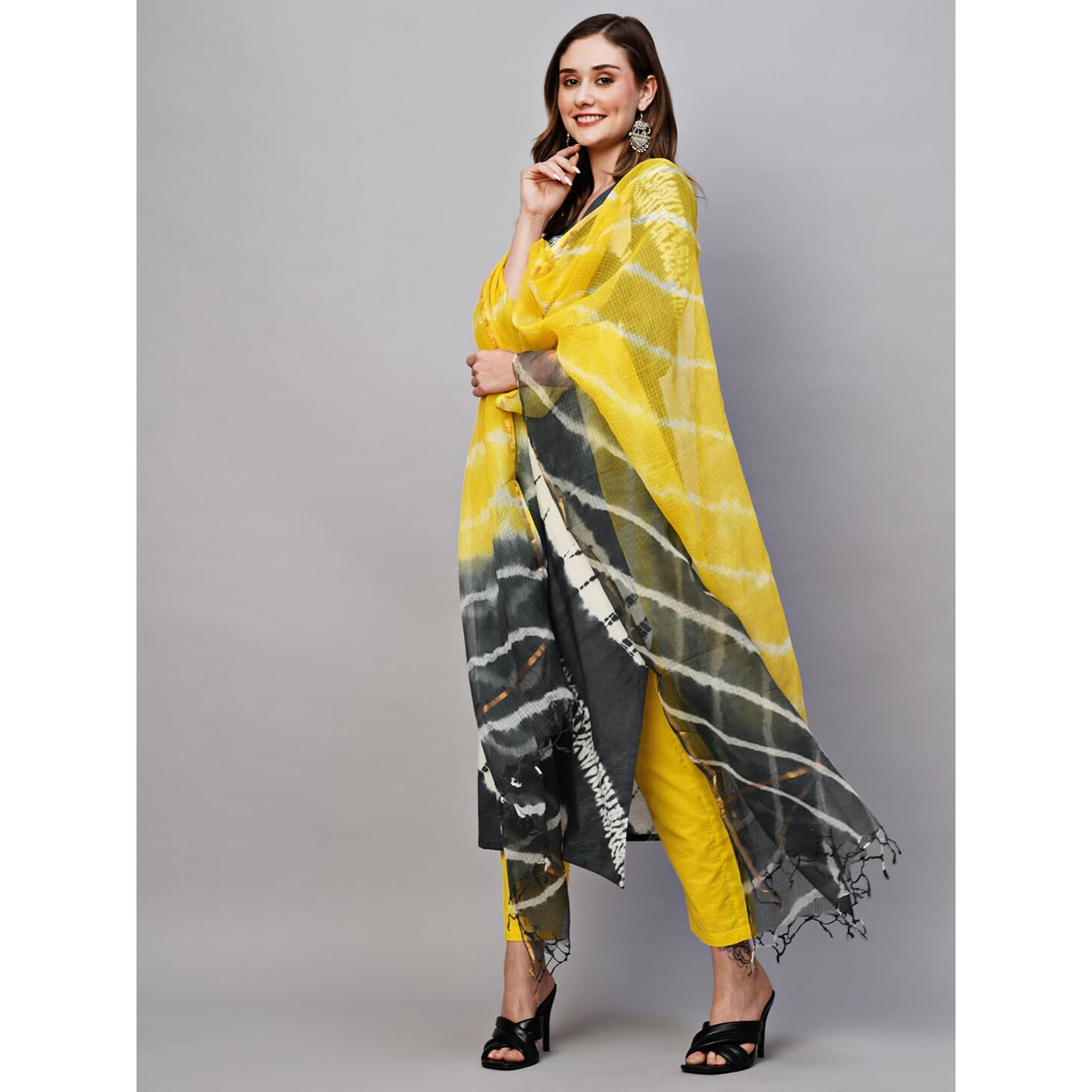ANNI DESIGNER Women's Cotton Blend Straight Printed Kurta with Pant & Dupatta (Bali Grey-NW_S_Grey_Small)