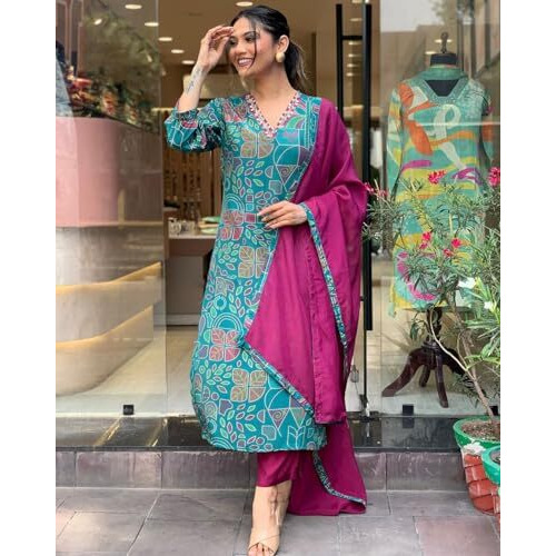 ANNI DESIGNER Women's Cotton Blend Straight Printed Kurta with Pant & Dupatta (Down-RAMA-Green_S_Green_Small)