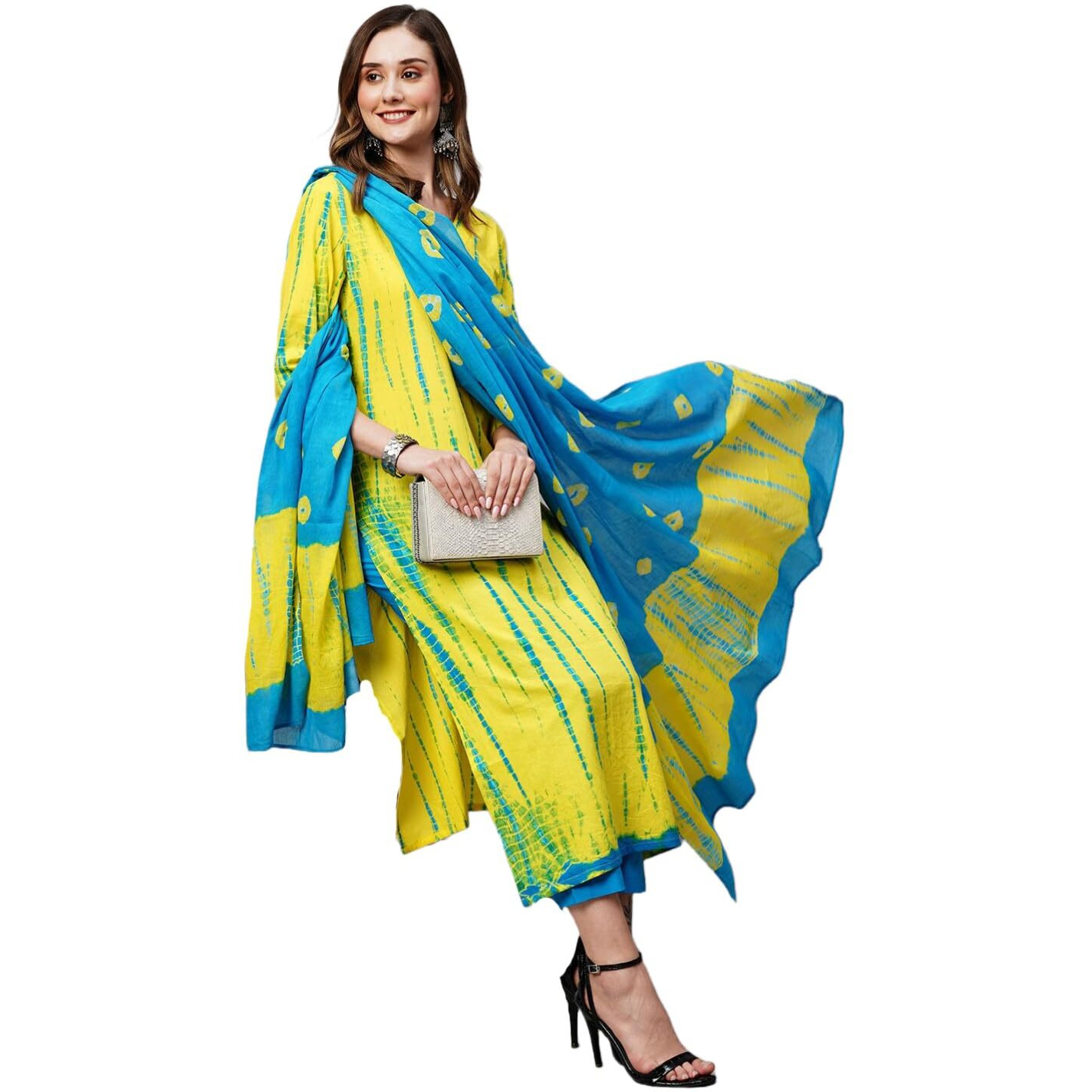 ANNI DESIGNER Women's Cotton Blend Straight Printed Kurta with Pant & Dupatta (Kayke Yellow-NW_S_Yellow_Small)