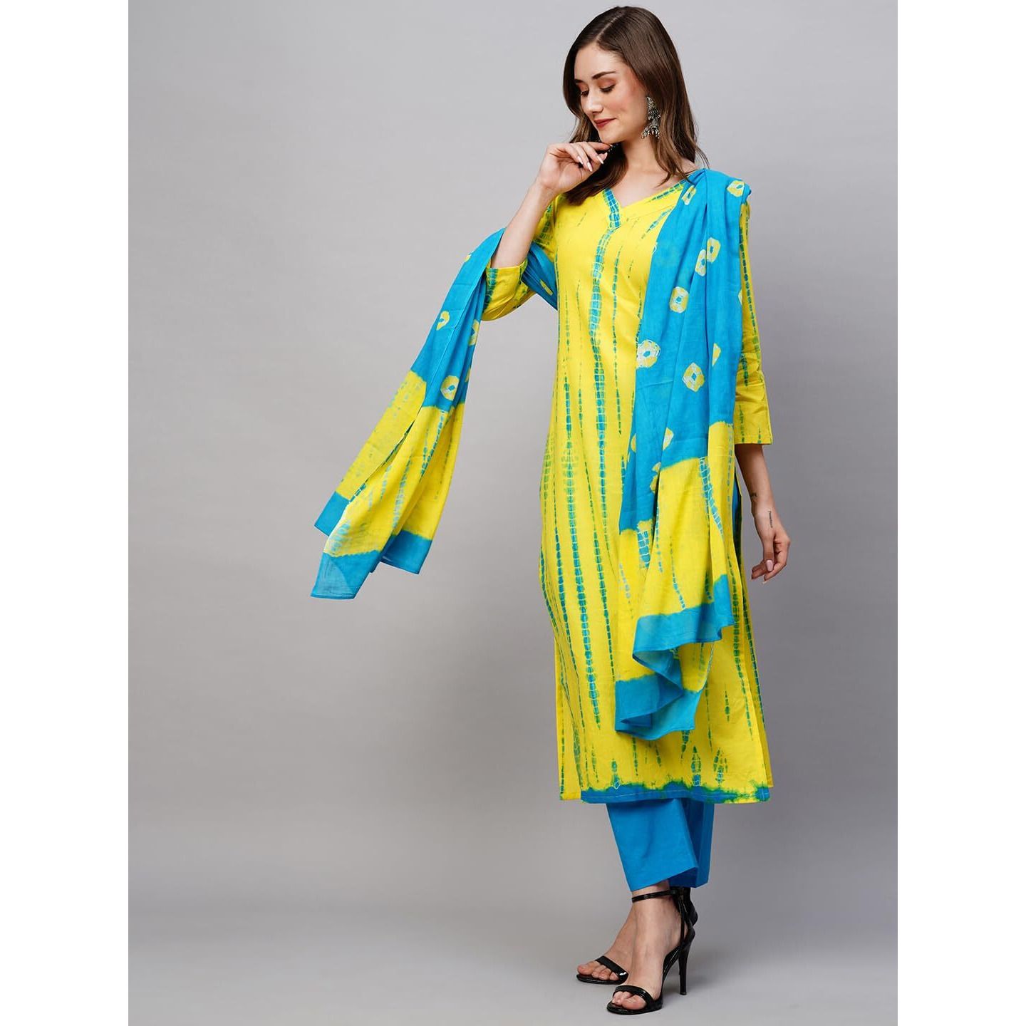 ANNI DESIGNER Women's Cotton Blend Straight Printed Kurta with Pant & Dupatta (Kayke Yellow-NW_S_Yellow_Small)