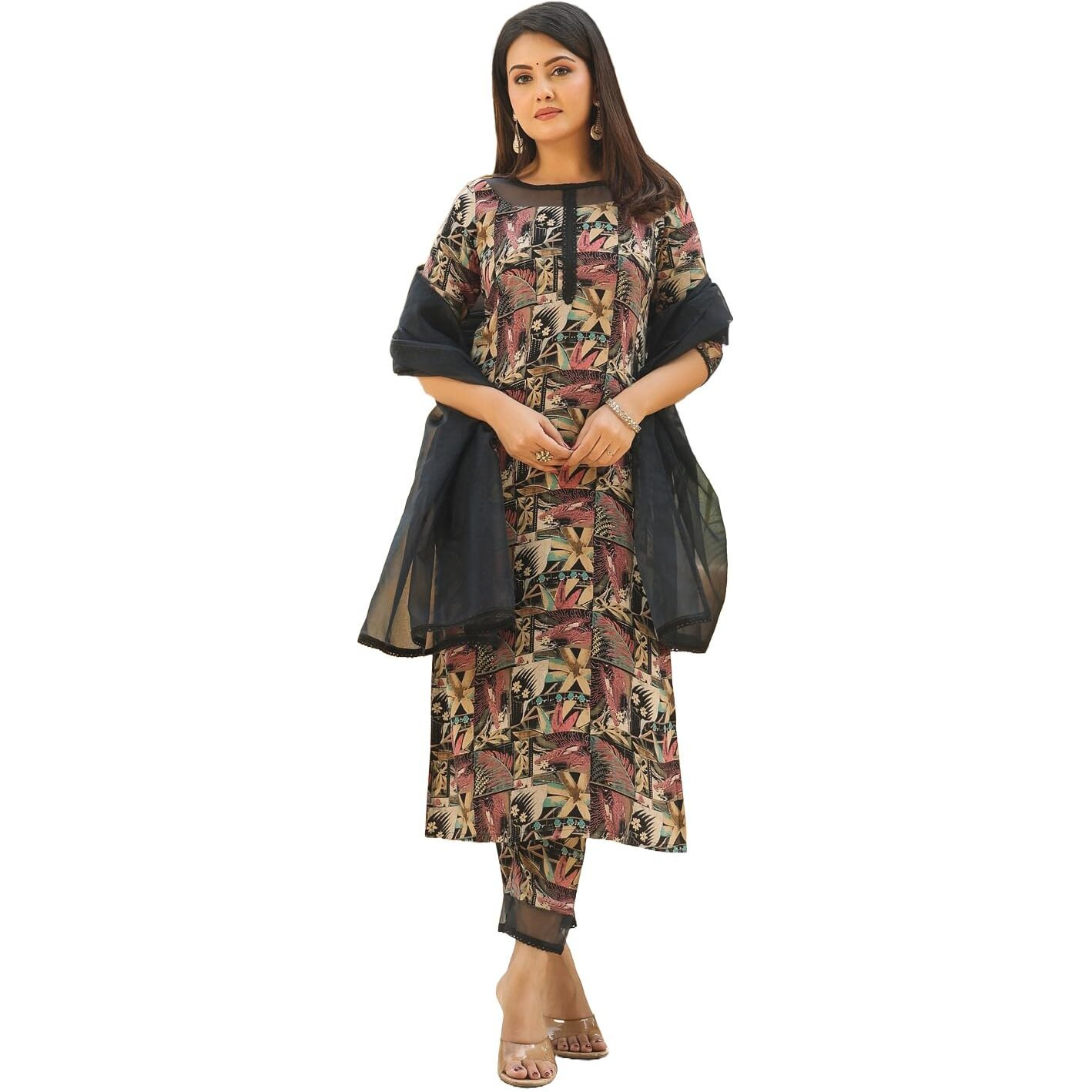 ANNI DESIGNER Women's Rayon Blend Printed Straight Kurta with Pant & Dupatta (Keech Black_M_Black_Medium)