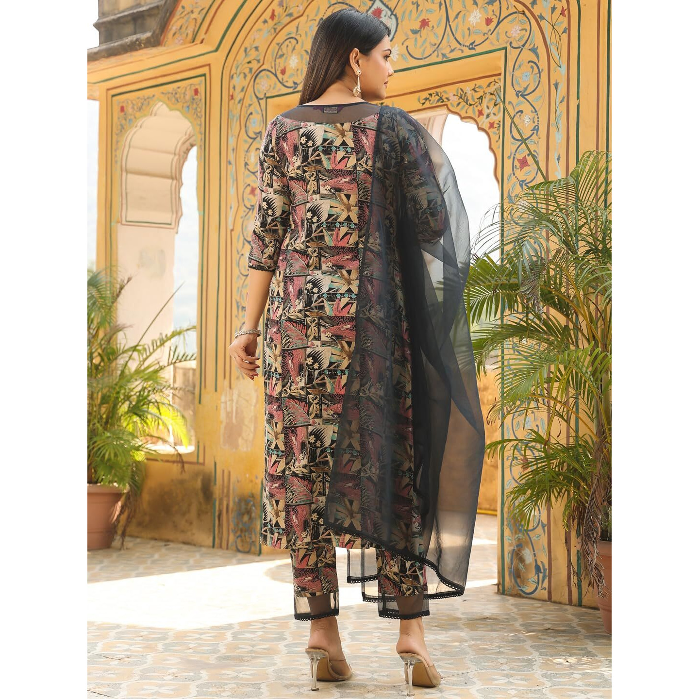 ANNI DESIGNER Women's Rayon Blend Printed Straight Kurta with Pant & Dupatta (Keech Black_M_Black_Medium)