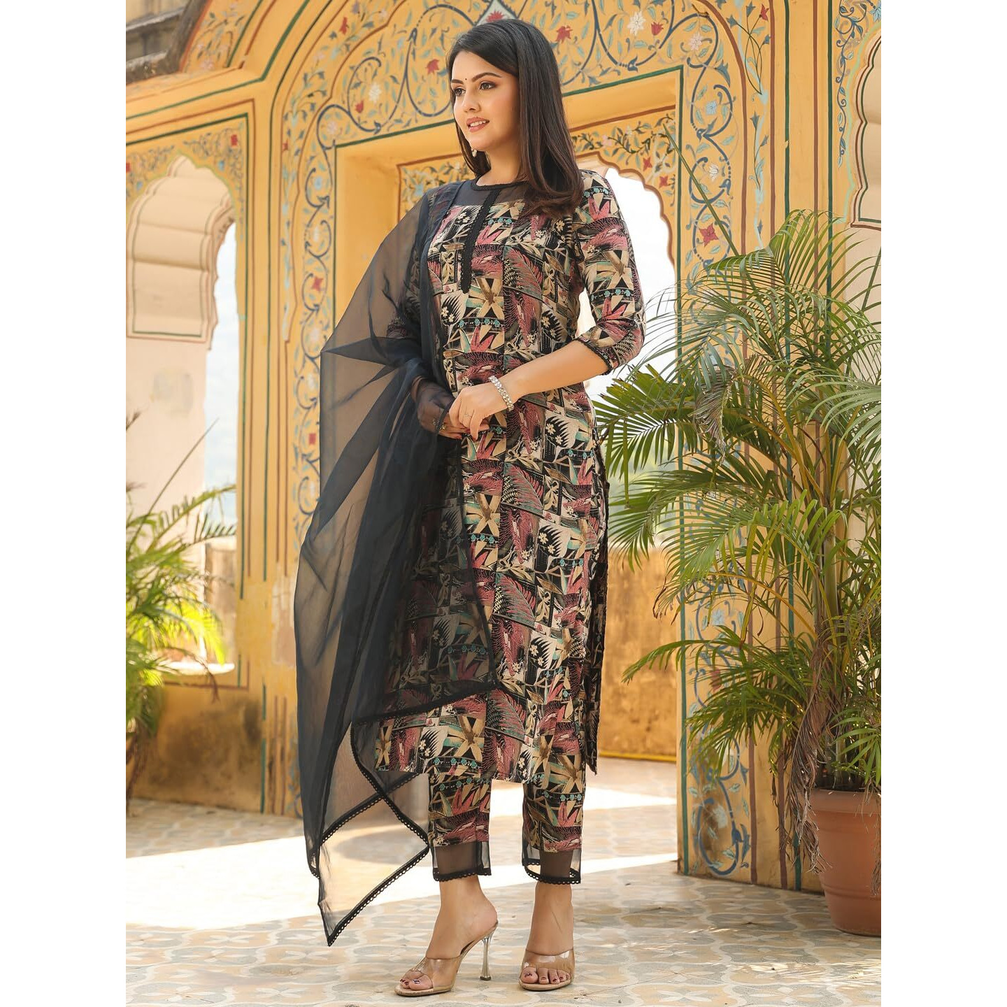 ANNI DESIGNER Women's Rayon Blend Printed Straight Kurta with Pant & Dupatta (Keech Black_M_Black_Medium)