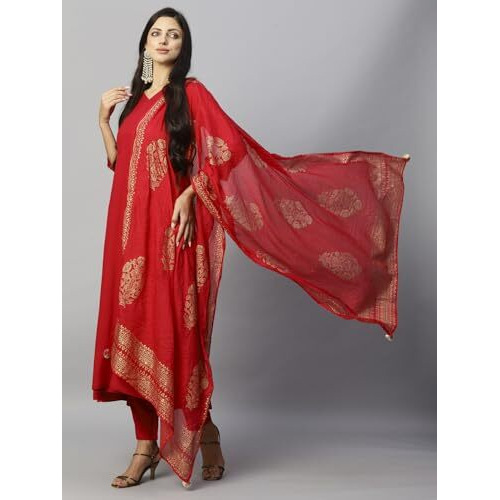 ANNI DESIGNER Women's Rayon Blend Solid Anarkali Kurta with Pant & Dupatta (Magic-RED-NW_L_Red_Large)