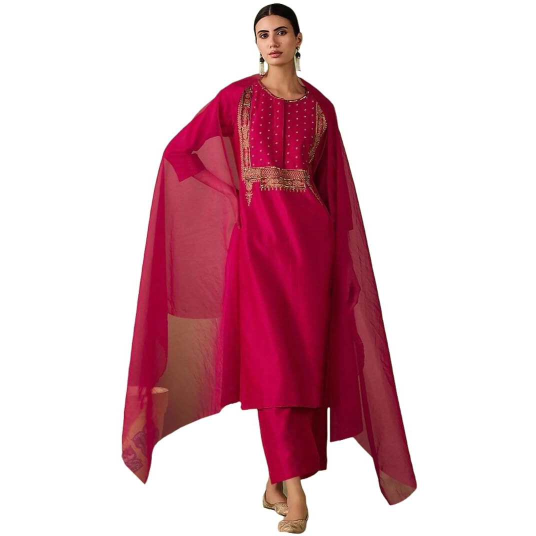 ANNI DESIGNER Women's Rayon Blend Embroidered Straight Kurta with Pant & Dupatta (Pipariya Pink_XL_Pink_X-Large)