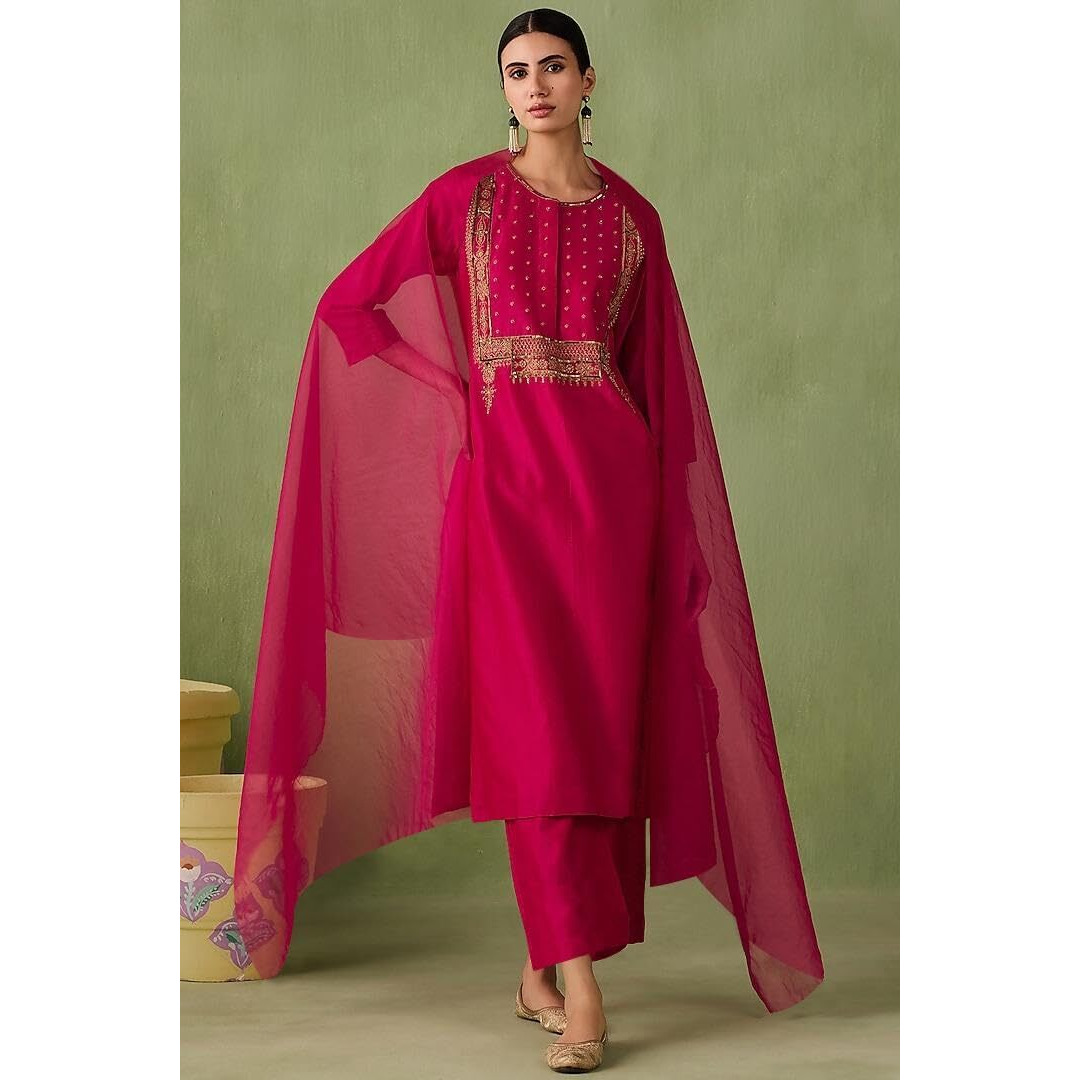 ANNI DESIGNER Women's Rayon Blend Embroidered Straight Kurta with Pant & Dupatta (Pipariya Pink_XL_Pink_X-Large)