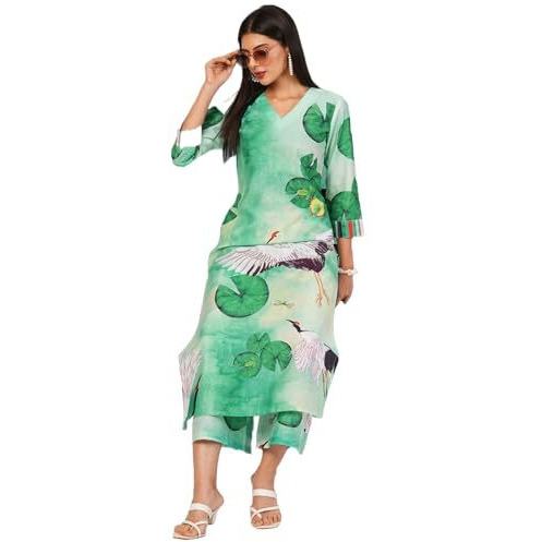 ANNI DESIGNER Women's Cotton Blend Straight Printed Kurta with Palazzo (Swans See Green-NW_XL_See Green_X-Large)