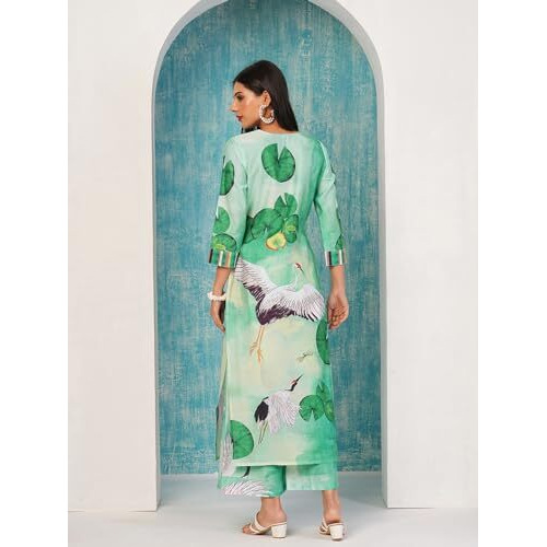ANNI DESIGNER Women's Cotton Blend Straight Printed Kurta with Palazzo (Swans See Green-NW_XL_See Green_X-Large)