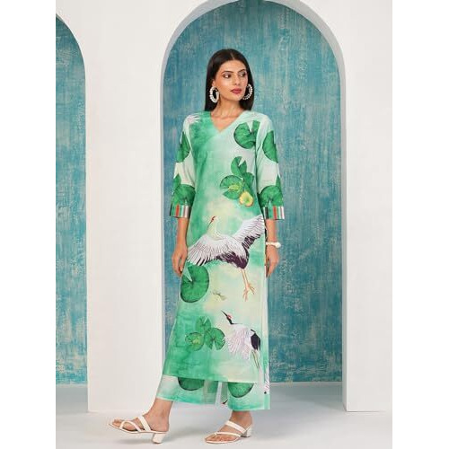 ANNI DESIGNER Women's Cotton Blend Straight Printed Kurta with Palazzo (Swans See Green-NW_XL_See Green_X-Large)